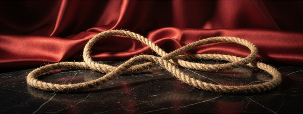 Corde de jute naturel enroulée sur marbre noir, lumière dorée tamisée
